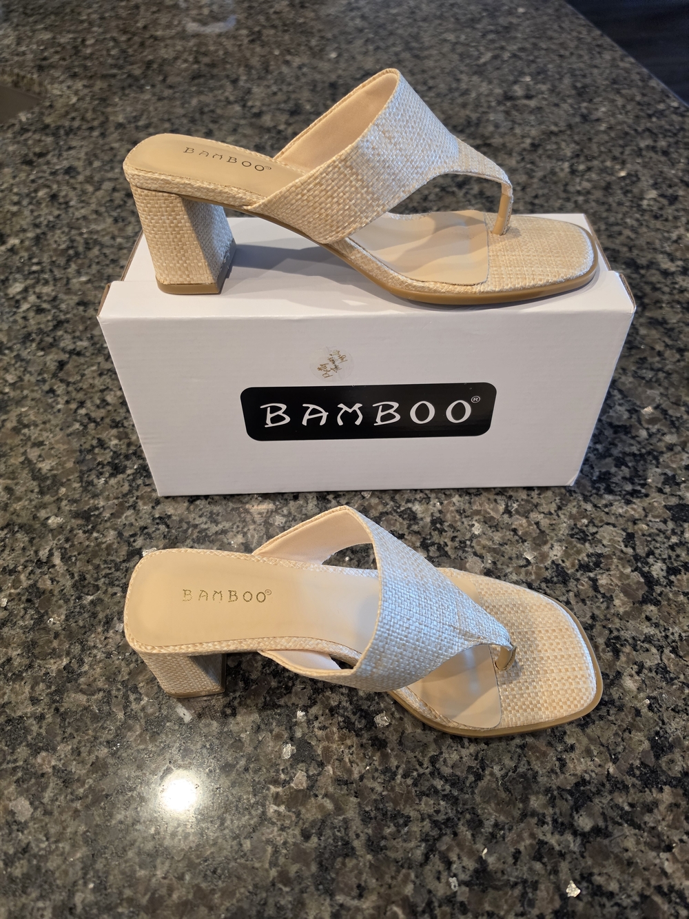 BAMBOO Neutral Woven Toe-Loop Block Heel Sandals